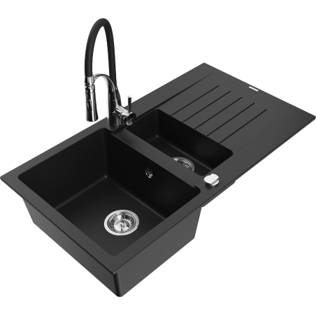 Mexen Matias fregadero de granito de 1,5 senos con escurridor y grifo de cocina Aster, negro - 6502-77-73450-07