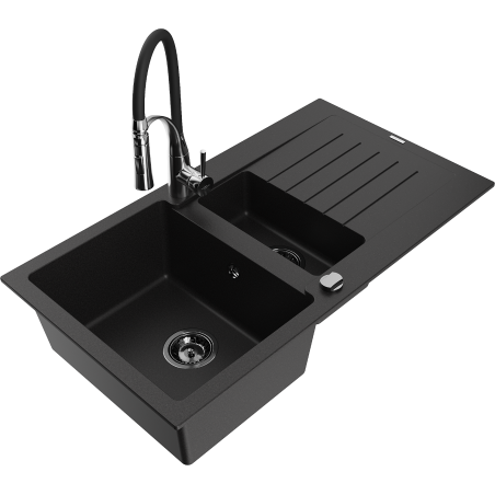 Mexen Matias 1.5-basin granite sink with drainer and Aster kitchen tap, black - 6502-77-73450-07-B