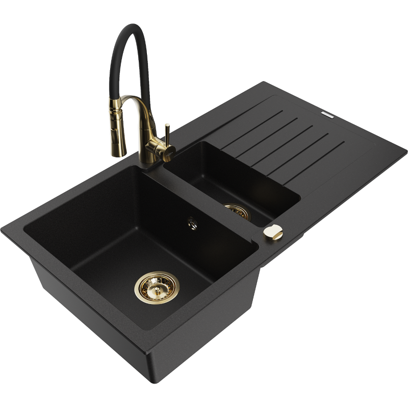 Mexen Matias fregadero de granito de 1,5 senos con escurridor y grifo de cocina Aster, negro - 6502-77-73450-57-G