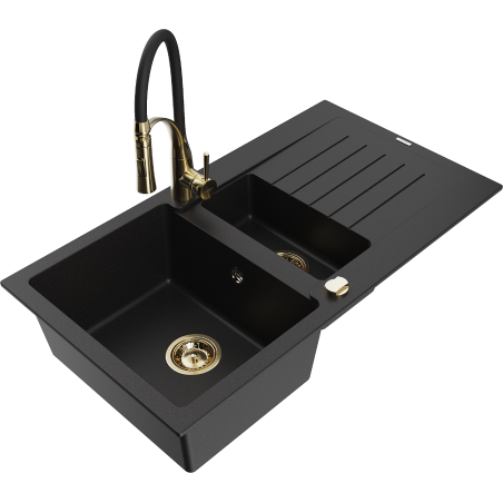 Mexen Matias granit izlietne 1,5 nodalījuma ar notekpaplāti un virtuves krānu Aster, melna - 6502-77-73450-57-G