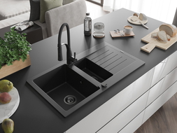 Mexen Matias granite sink 1.5-bowl with drainer and Aster kitchen tap, black - 6502-77-73450-70-B