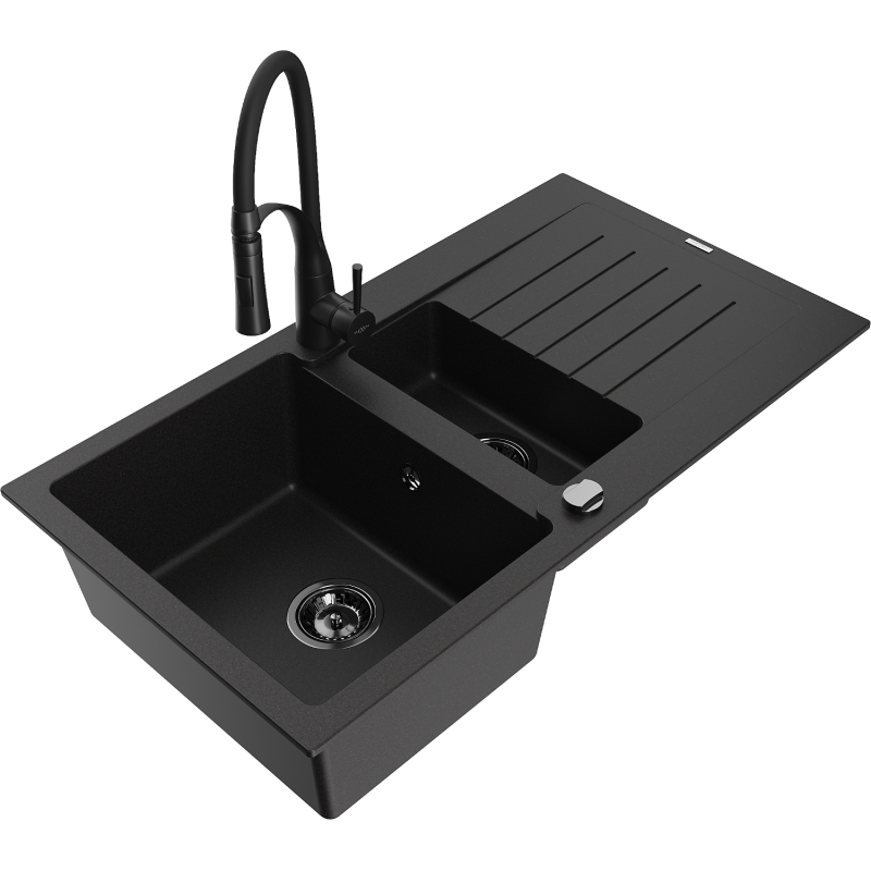 Mexen Matias fregadero de granito 1,5 senos con escurridor y grifo de cocina Aster, negro - 6502-77-73450-70-B