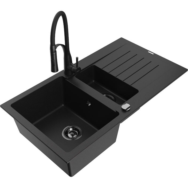 Mexen Matias Granitdiskbänk 1,5-fack med avrinning och köksblandare Aster, svart - 6502-77-73450-70-B