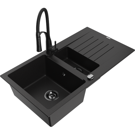 Mexen Matias fregadero de granito 1,5 senos con escurridor y grifo de cocina Aster, negro - 6502-77-73450-70-B