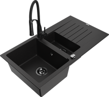 Mexen Matias granite sink 1.5-bowl with drainer and Aster kitchen tap, black - 6502-77-73450-70-B