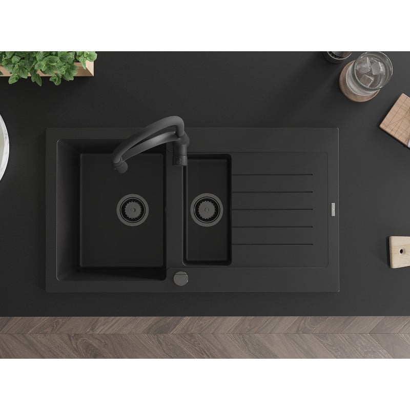 Mexen Matias fregadero de granito 1,5 senos con escurridor y grifo de cocina Aster, negro - 6502-77-73450-70-B