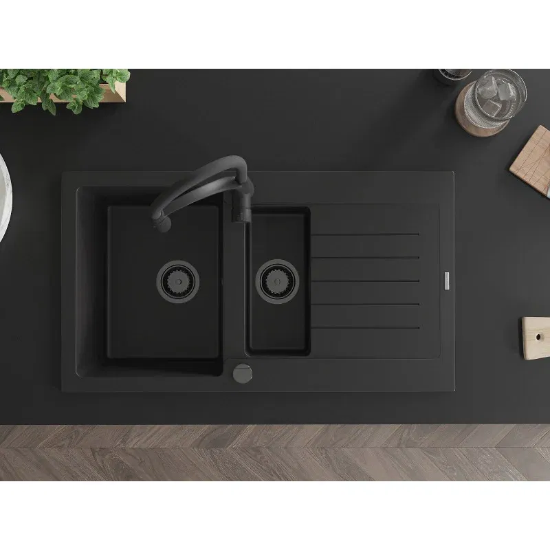 Mexen Matias Granitspüle 1,5-Komponenten mit Abtropffläche und Küchenarmatur Aster, schwarz - 6502-77-73450-70-B