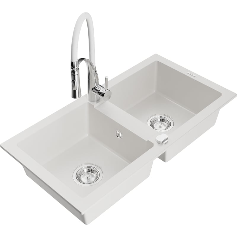 Mexen Mario 2-chamber granite sink with Aster kitchen faucet, white - 6504-20-73450-02