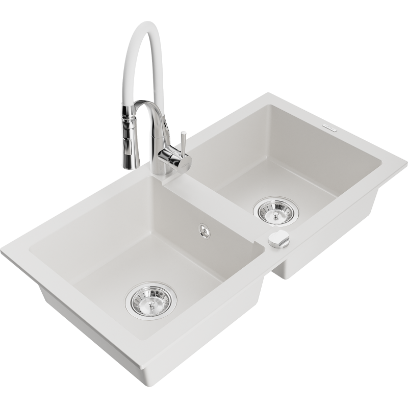 Mexen Mario fregadero de granito de 2 compartimentos con grifo de cocina Aster, blanco - 6504-20-73450-02