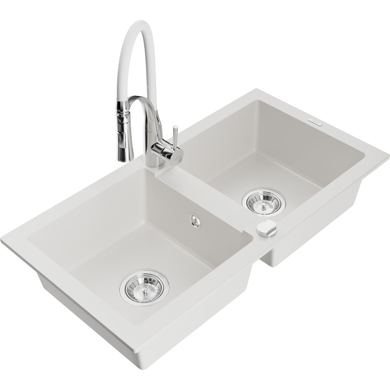 Mexen Mario fregadero de granito de 2 tazones con grifo de cocina Aster, blanco - 6504-20-73450-02