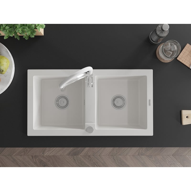 Mexen Mario 2-chamber granite sink with Aster kitchen faucet, white - 6504-20-73450-02