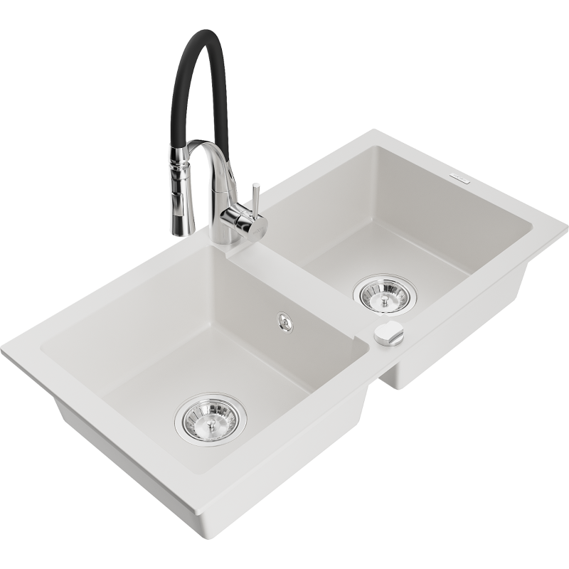 Mexen Mario granite sink 2-chamber with Aster kitchen tap, white - 6504-20-73450-07