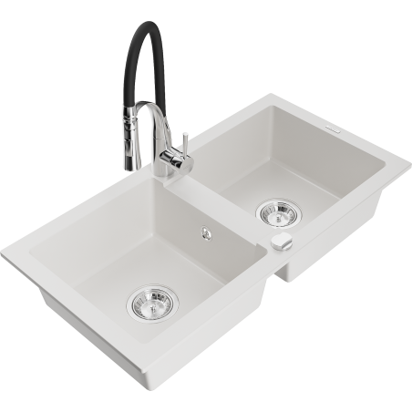 Mexen Mario fregadero de granito con 2 compartimentos con grifo de cocina Aster, blanco - 6504-20-73450-07