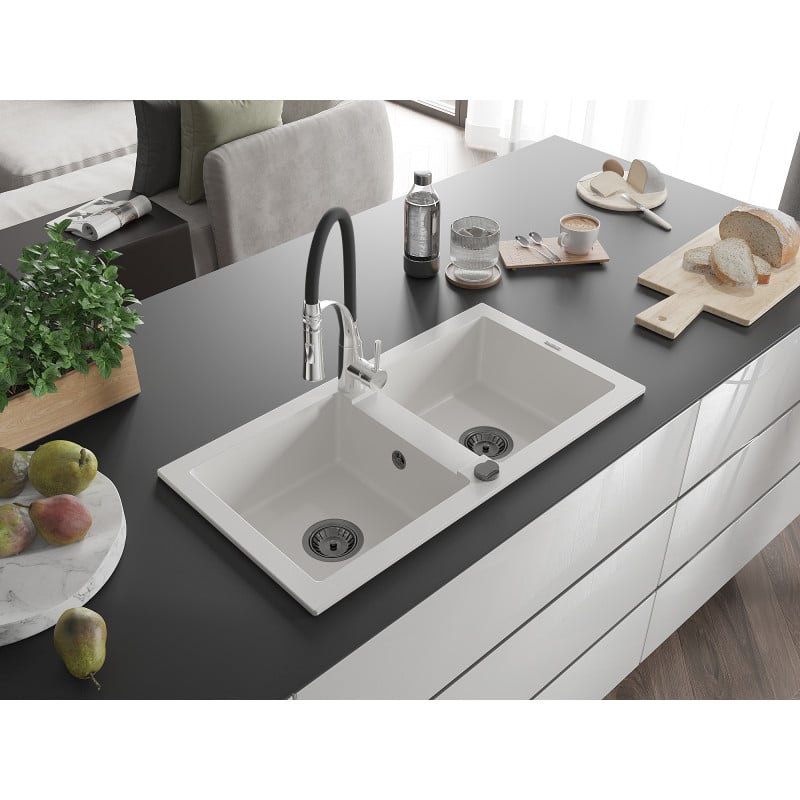 Mexen Mario granite kitchen sink 2-bowl with Aster kitchen tap, white - 6504-20-73450-07-B