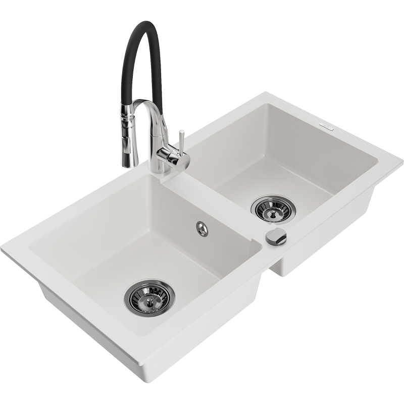 Mexen Mario granite kitchen sink 2-bowl with Aster kitchen tap, white - 6504-20-73450-07-B