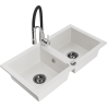 Mexen Mario granite kitchen sink 2-bowl with Aster kitchen tap, white - 6504-20-73450-07-B