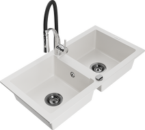 Mexen Mario granite double-bowl sink with Aster kitchen faucet, white - 6504-20-73450-07-B