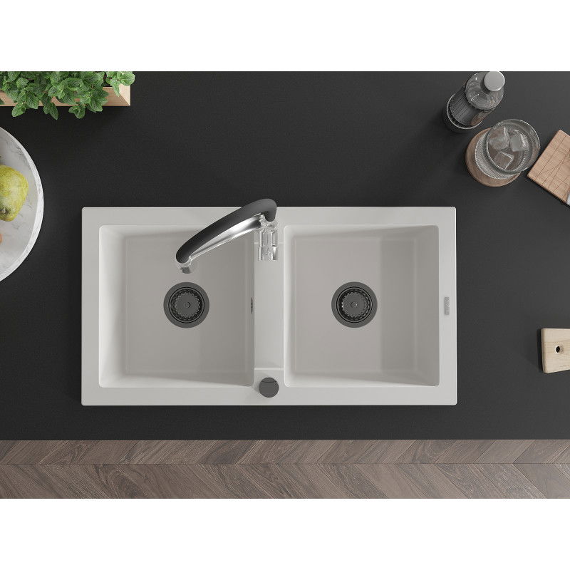 Mexen Mario fregadero de granito de 2 compartimentos con grifo de cocina Aster, blanco - 6504-20-73450-07-B
