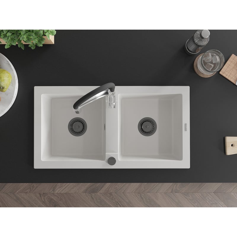 Mexen Mario granite kitchen sink 2-bowl with Aster kitchen tap, white - 6504-20-73450-07-B