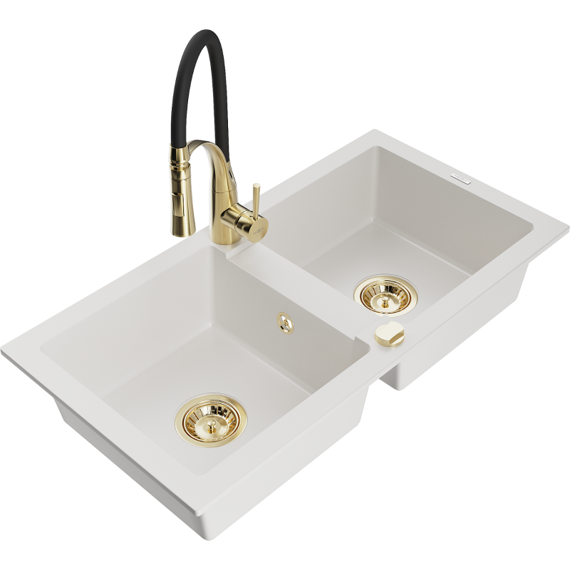 Mexen Mario lava-louça em granito com 2 cubas e torneira de cozinha Aster, branco - 6504-20-73450-57-G