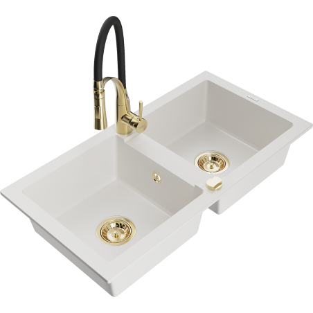 Mexen Mario fregadero de granito de 2 compartimentos con grifo de cocina Aster, blanco - 6504-20-73450-57-G