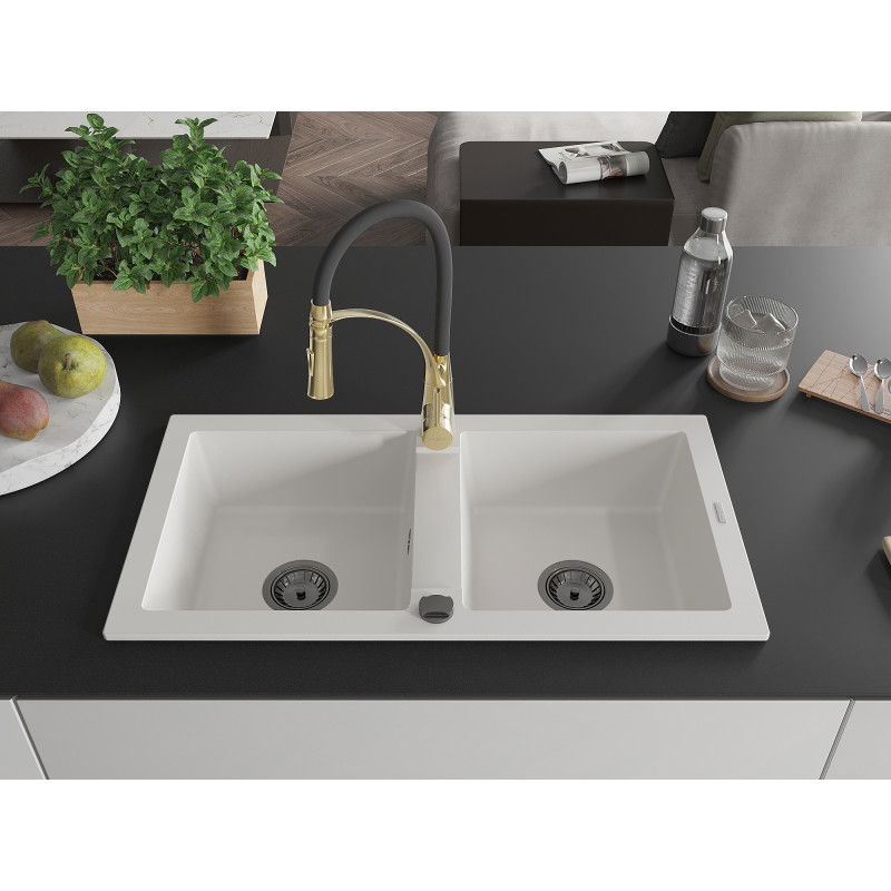 Mexen Mario 2-bowl granite kitchen sink with Aster tap, white - 6504-20-73450-57-B