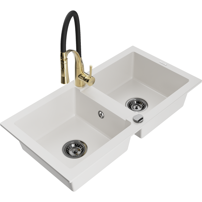 Mexen Mario fregadero de granito de 2 compartimentos con grifo de cocina Aster, blanco - 6504-20-73450-57-B
