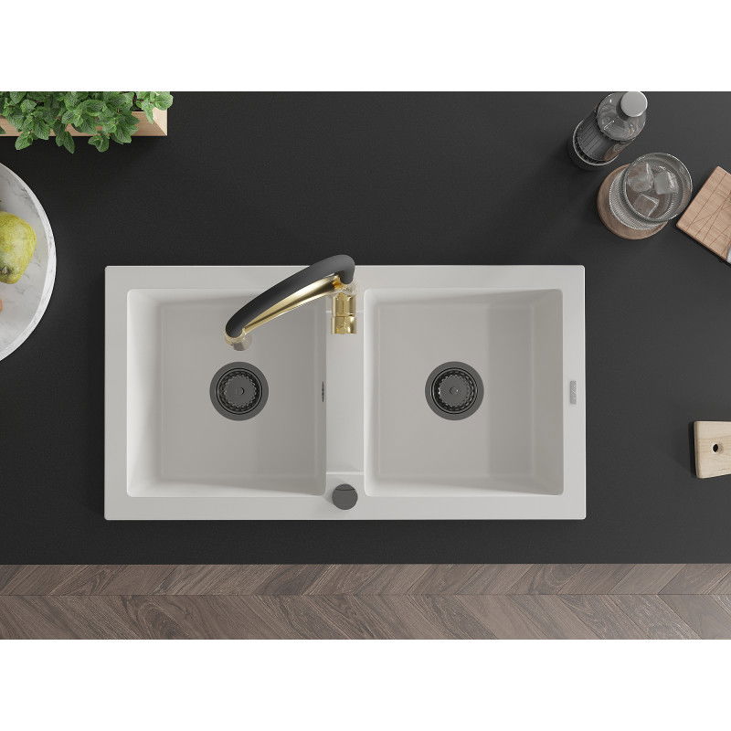 Mexen Mario fregadero de granito de 2 compartimentos con grifo de cocina Aster, blanco - 6504-20-73450-57-B