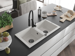 Mexen Mario 2-komorni granitni sudoper s kuhinjskom slavinom Aster, bijeli - 6504-20-73450-70-B
