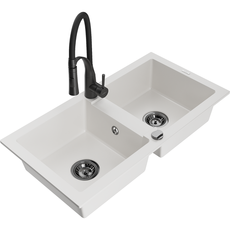 Mexen Mario granite sink 2-compartment with Aster kitchen tap, white - 6504-20-73450-70-B
