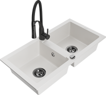 Mexen Mario granite double-bowl kitchen sink with Aster kitchen faucet, white - 6504-20-73450-70-B