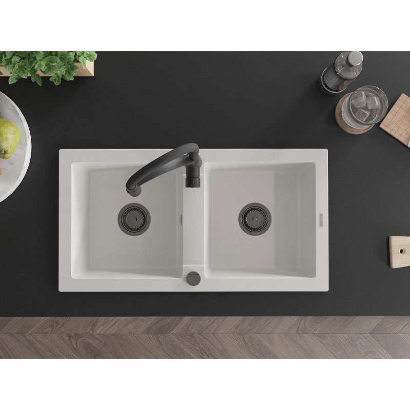 Mexen Mario Granit Spullsteen mat 2-Schanken mat Kichenkran Aster, wäiss - 6504-20-73450-70-B