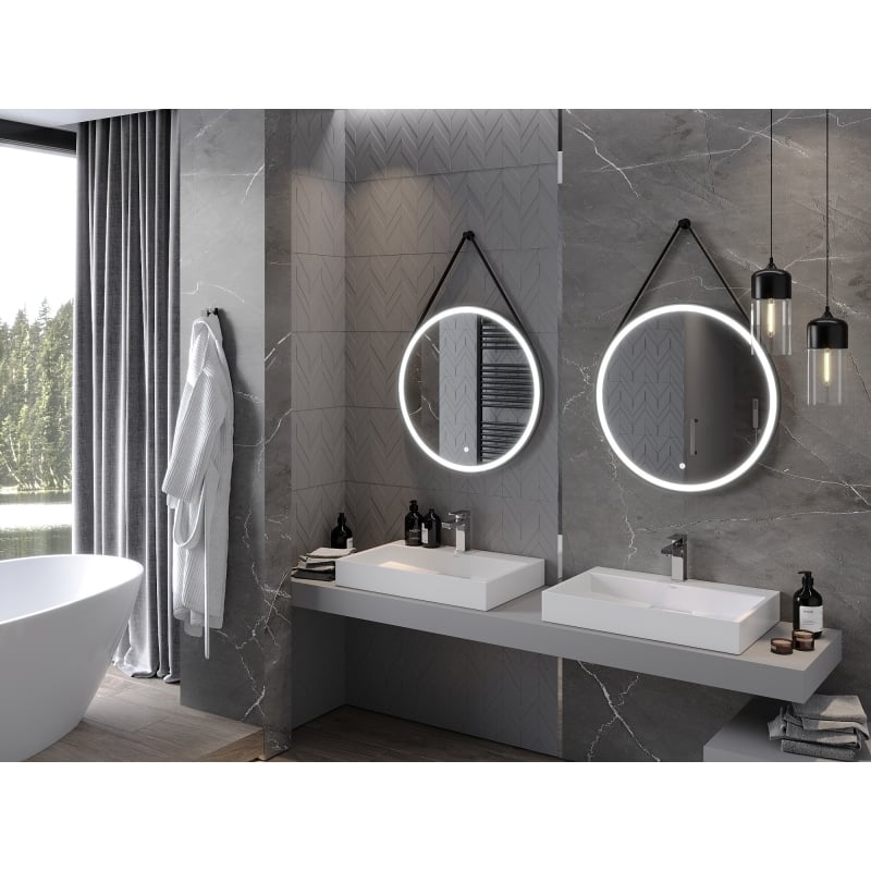 Mexen Reni espejo de baño iluminado, redondo 70 cm, LED 6000K, antivaho, marco negro - 9812-070-070-611-70