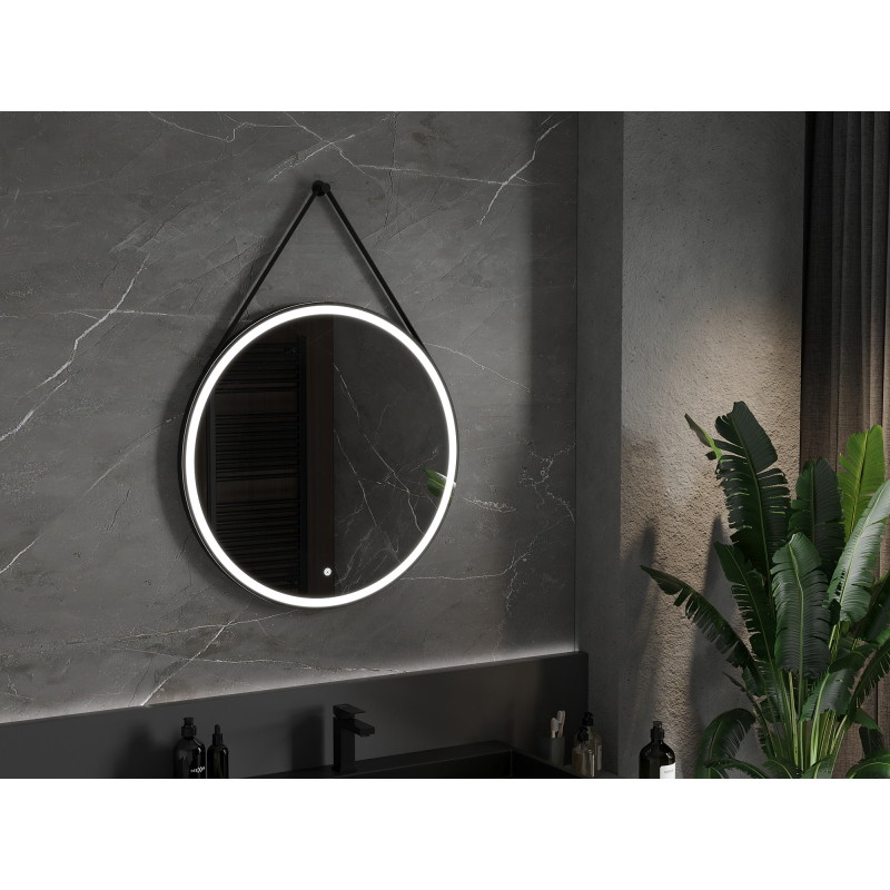 Mexen Reni espejo de baño iluminado, redondo 80 cm, LED 6000K, antivaho, marco negro - 9812-080-080-611-70