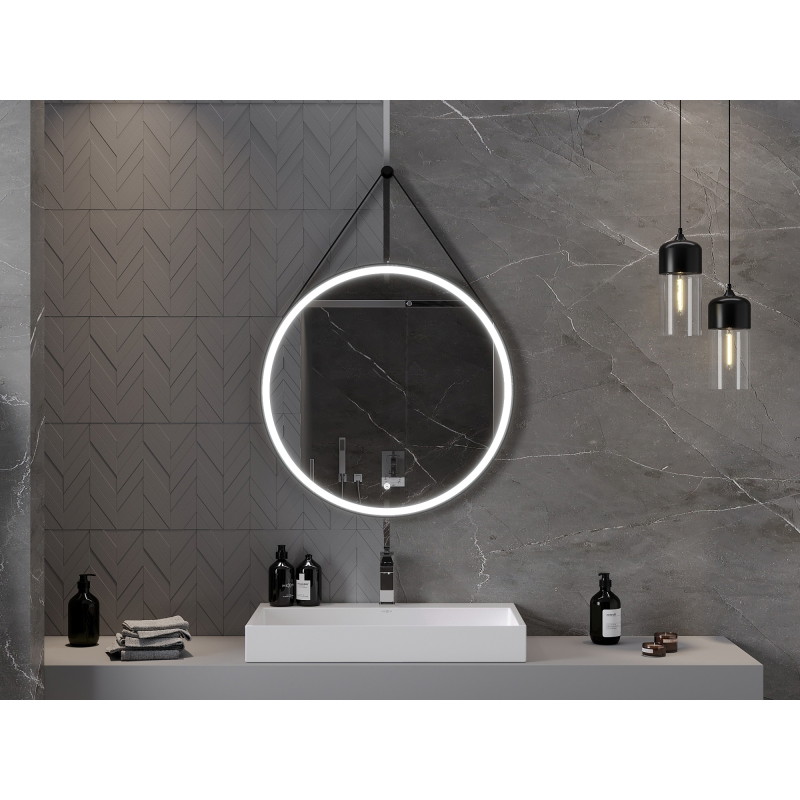 Mexen Reni espejo de baño iluminado, redondo 80 cm, LED 6000K, antivaho, marco negro - 9812-080-080-611-70