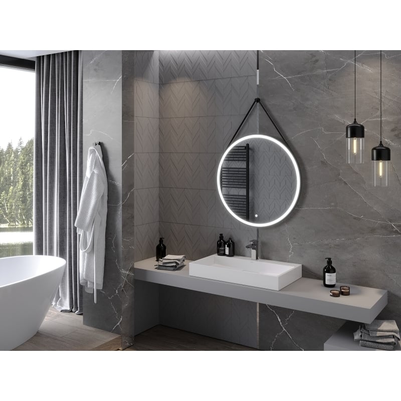 Mexen Reni espejo de baño iluminado, redondo 80 cm, LED 6000K, antivaho, marco negro - 9812-080-080-611-70