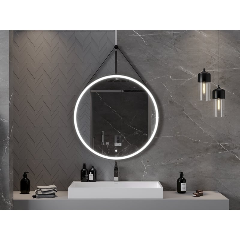 Mexen Reni espejo de baño iluminado, redondo de 90 cm, LED 6000K, antivaho, marco negro - 9812-090-090-611-70