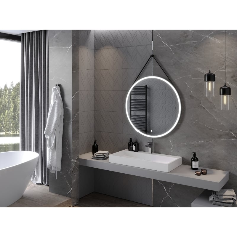 Mexen Reni espejo de baño iluminado, redondo de 90 cm, LED 6000K, antivaho, marco negro - 9812-090-090-611-70
