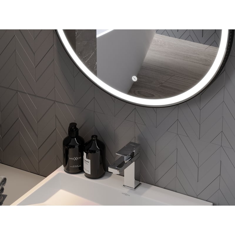 Mexen Reni espejo de baño iluminado, redondo de 90 cm, LED 6000K, antivaho, marco negro - 9812-090-090-611-70
