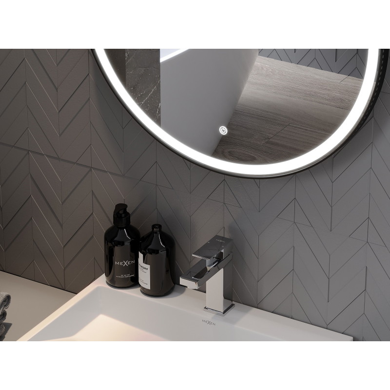 Mexen Reni espejo de baño iluminado, redondo 100 cm, LED 6000K, antipar, marco negro - 9812-100-100-611-70