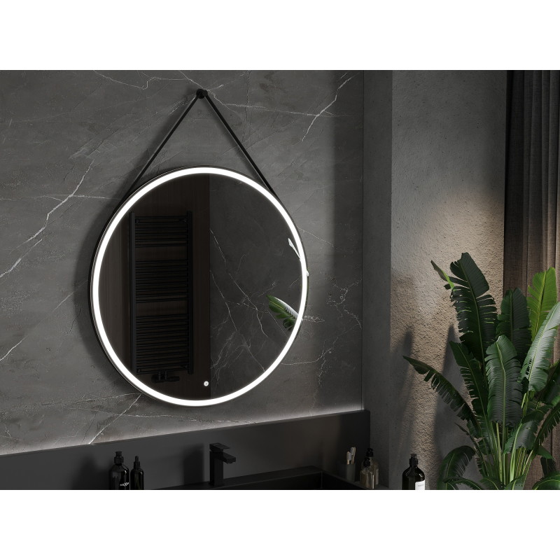 Mexen Reni espejo de baño iluminado, redondo 100 cm, LED 6000K, antipar, marco negro - 9812-100-100-611-70