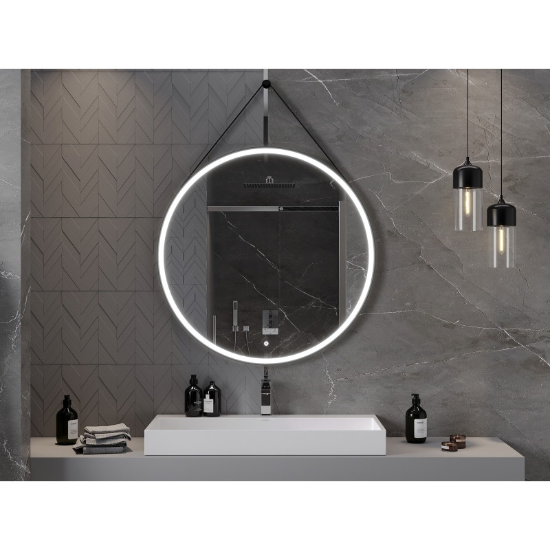 Mexen Reni espejo de baño iluminado, redondo 100 cm, LED 6000K, antipar, marco negro - 9812-100-100-611-70