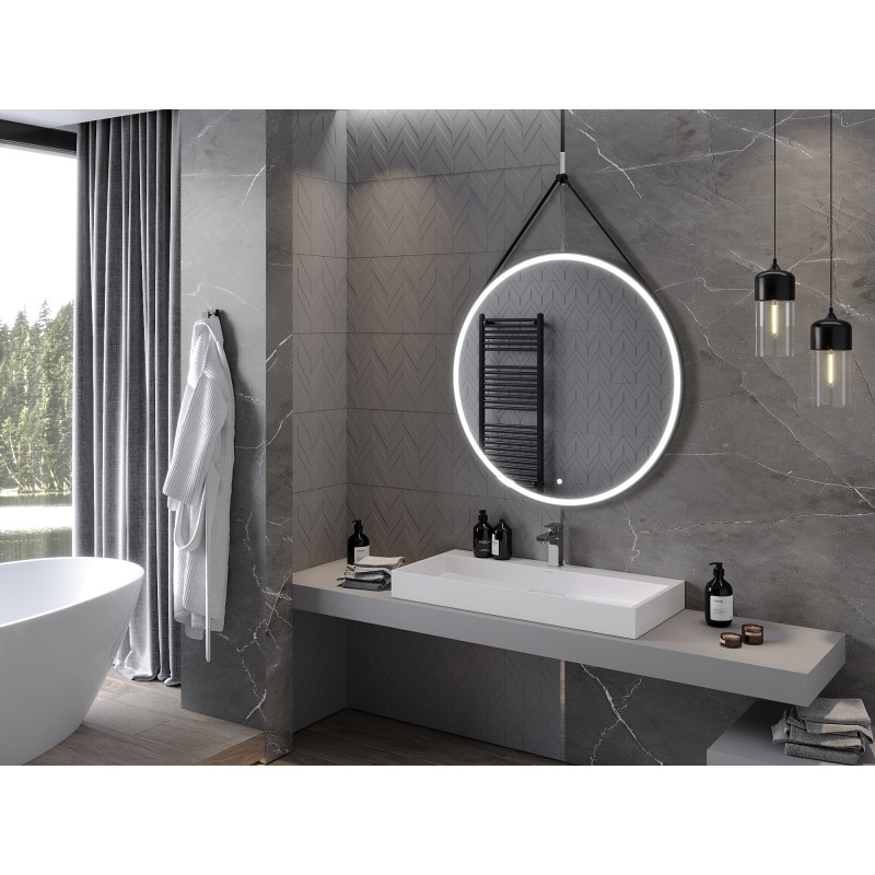 Mexen Reni espejo de baño iluminado, redondo 100 cm, LED 6000K, antipar, marco negro - 9812-100-100-611-70