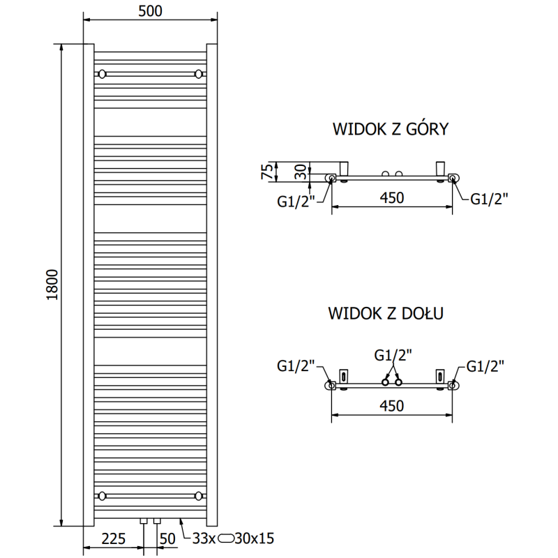 Mexen Hades badkamer radiator 1800 x 500 mm, 854 W, wit - W104-1800-500-00-20