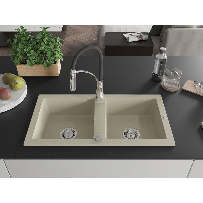 Mexen Mario lavello in granito a 2 vasche con rubinetto da cucina Aster, beige - 6504-69-73450-07