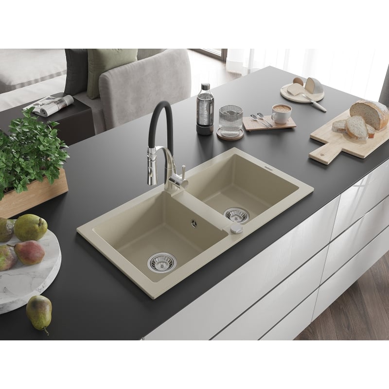 Mexen Mario 2-bowl granite kitchen sink with Aster kitchen faucet, beige - 6504-69-73450-07