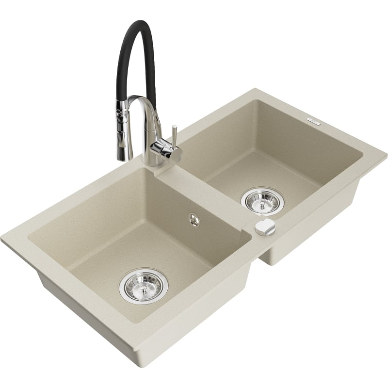 Mexen Mario 2-bowl granite kitchen sink with Aster kitchen faucet, beige - 6504-69-73450-07