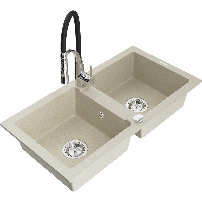 Mexen Mario fregadero de granito de 2 compartimientos con grifo de cocina Aster, beige - 6504-69-73450-07