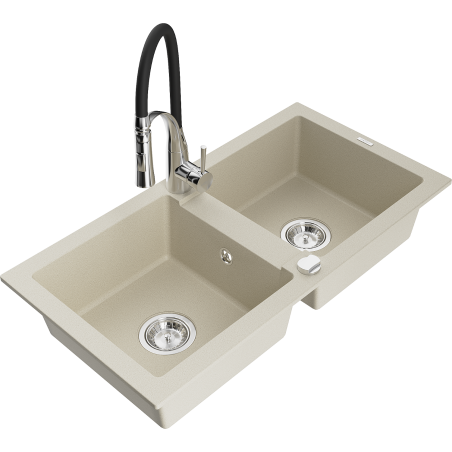 Mexen Mario 2-bowl granite kitchen sink with Aster kitchen faucet, beige - 6504-69-73450-07