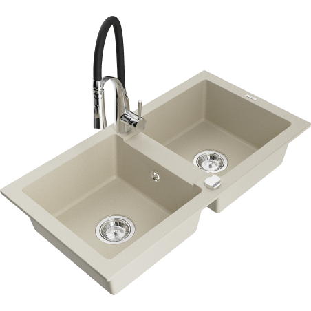 Mexen Mario Granitspüle 2-Kammer mit Küchenarmatur Aster, beige - 6504-69-73450-07